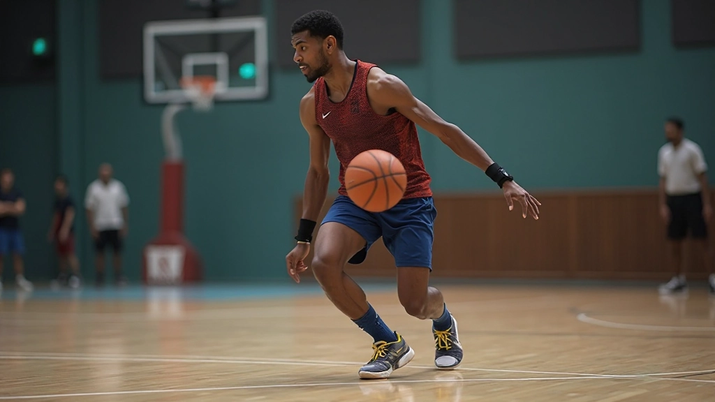 لاعب كرة سلة يقوم بحركة كروس أوفر متقدمة أثناء الدريبل في مركز التدريب