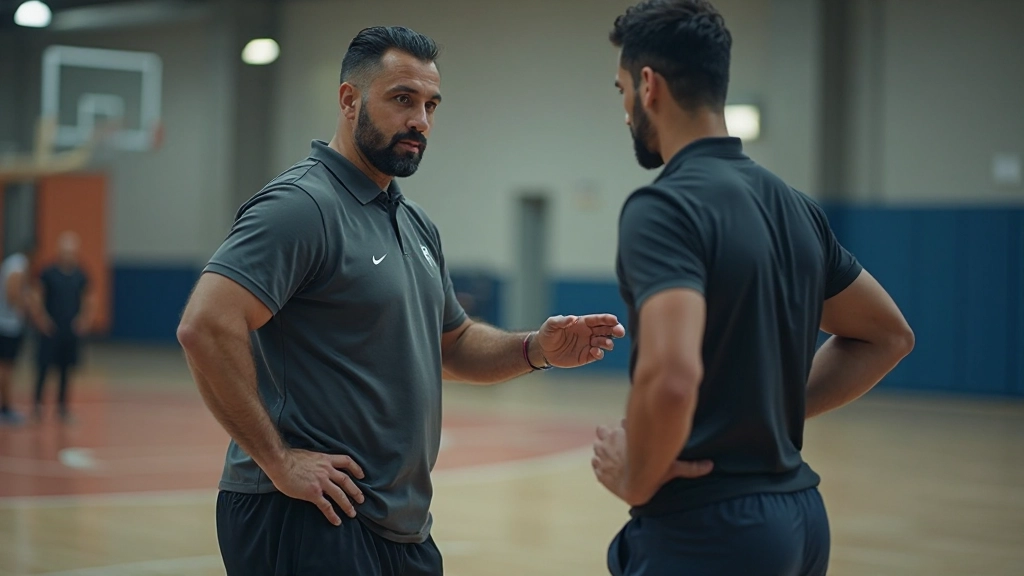 مدرب رياضي يعمل مع لاعب على تحسين تقنية التمرين في صالة تدريب احترافية